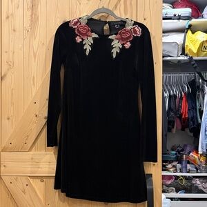 Black Velvet Dress with Floral Detail Collar